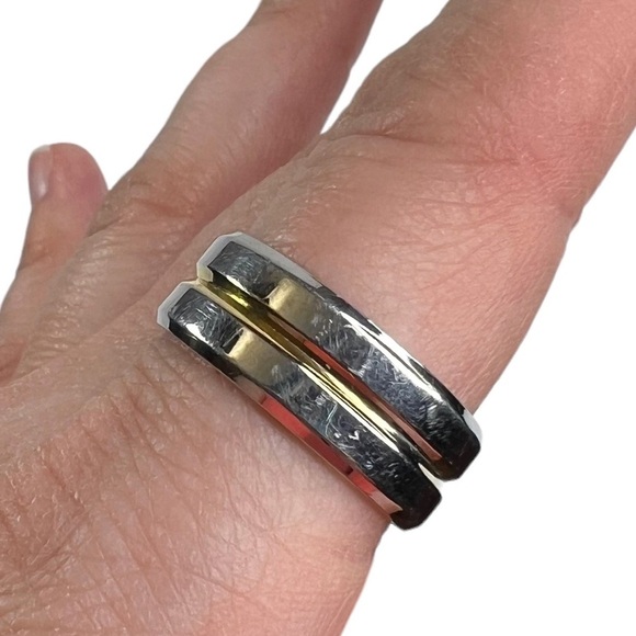 Silver Stainless Steel & Gold Tone Groove Wide Band Ring - Picture 10 of 10